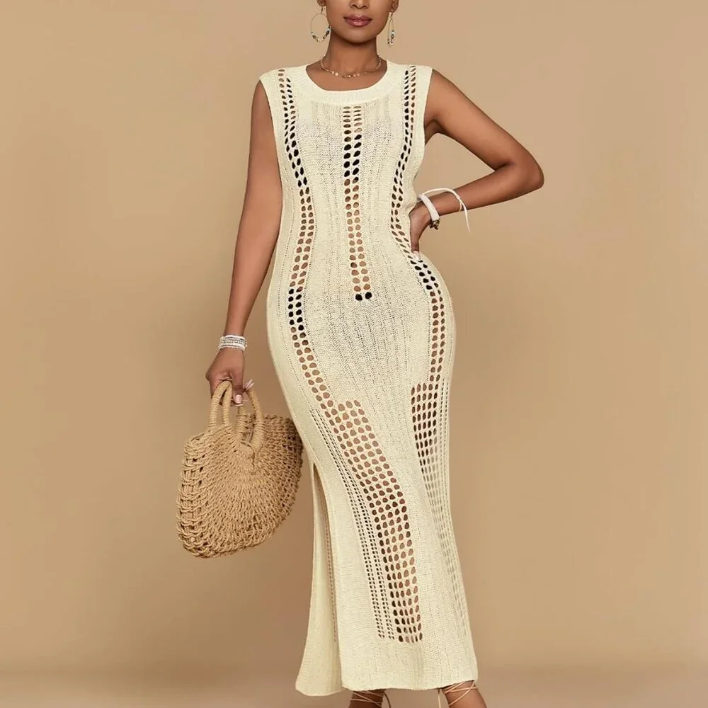 Women’s Crochet Beach Cover Up Sleeveless Summer Knit Swimwear Coverup - Picture 2 of 6